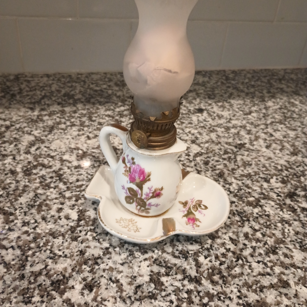 Vintage Mini Hurricane Oil Lamp with Trinket Dish Flowers Victorian Style